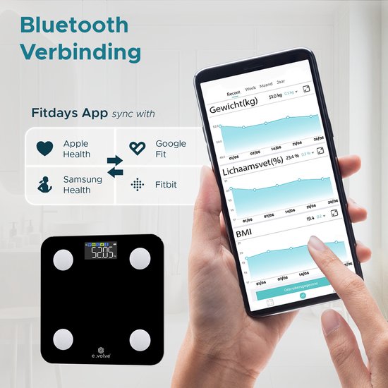 e.volve Weegschaal Personenweegschaal Digitaal - 20 Metingen - Slimme Weegschaal met Lichaamsanalyse - Kleurenscherm - Precisie Weegschaal - Weegschalen - Digitale Weegschaal - Incl. App