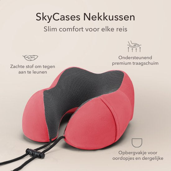 SC Travel Essentials - Nekkussen Set 3-delig - Ergonomisch Memory Foam Reiskussen met Oogmasker en Oordoppen - Ideaal voor Vliegtuig, Auto en Trein - Compact en Luxe - Rood