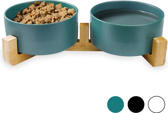 Voerbak Hond - Drinkbak - Met Bamboe Standaard - 2x 800 ml - Maat M - Groen Mat