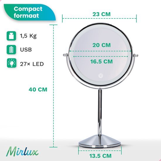 Mirlux Make Up Spiegel met LED Verlichting - 10x Vergroting Licht – Scheerspiegel Klein Op Voet - 3 Lichtstanden - Oplaadbaar - Vergrootspiegel Chroom