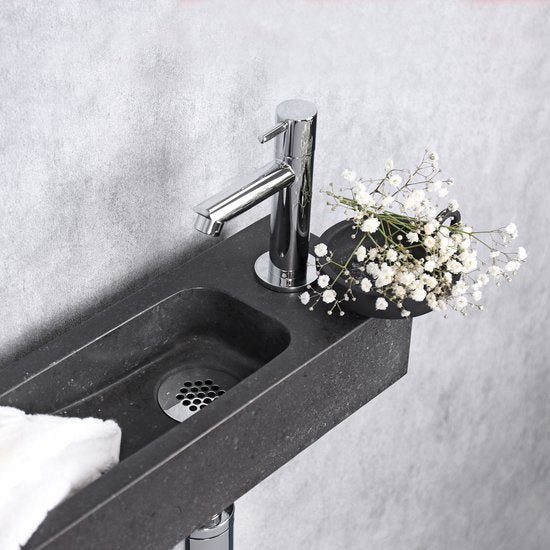 Differnz Luxor Fonteinset - Wasbak Natuursteen - Zwart - Gebogen Kraan - Chroom - Standaard Greep - 38 x 14 x 8 cm