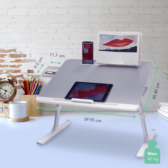 LifeGoods Laptoptafel - Laptopstandaard - Inklapbaar en Verstelbaar - Schoottafel met Tablethouder en Boekenstandaard - Bank, Bed, Schoot, Tafel - Wit / Grijs