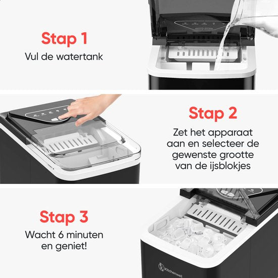 Kitchenwell IJsblokjesmachine – 2L - IJsblokjesmaker met IJsschep – 12kg/24 uur – Zelfreinigingsfunctie - Zwart