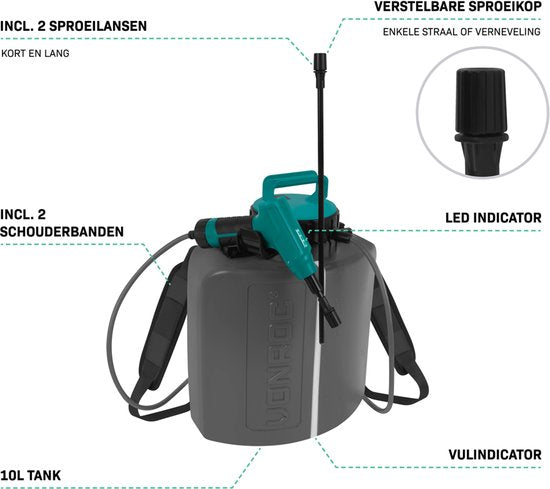 VONROC Accu drukspuit 10 liter – Geïntegreerde 4V accu - Incl. 2 spuitlansen, schouderbanden en USB-C laadkabel
