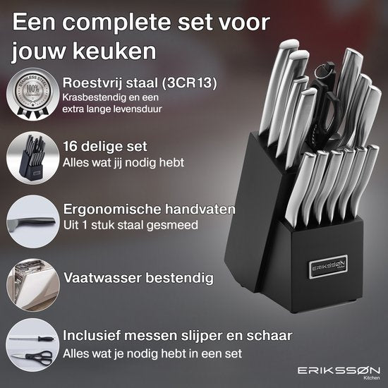 Erikssøn Kitchen Messenset - Messenblok - 16 Delig - Met Blok, Messenslijper En Schaar - Krasbestendig - 3Cr13 RVS - Zilver
