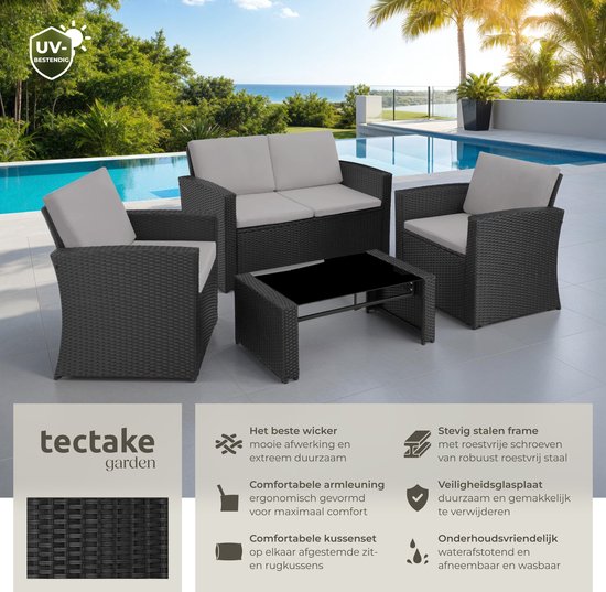 tectake® Wicker Tuinset voor 4 Personen - 2-zits Tuinbank en 2 Tuinstoelen - Tafel met Afneembaar Glazen Blad - Comfortabele Zit- en Rugkussens - Loungeset voor Tuin, Terras, Balkon - Zwart