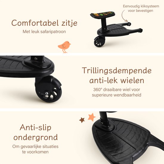 Safari meerijdplankje - Single Wheel - Voor Horizontale As minstens 23 cm - Diameter max. 2,5 cm - Zwart Kunststof & Metaal - Wendbaar & Universeel - Ideaal voor Peuters