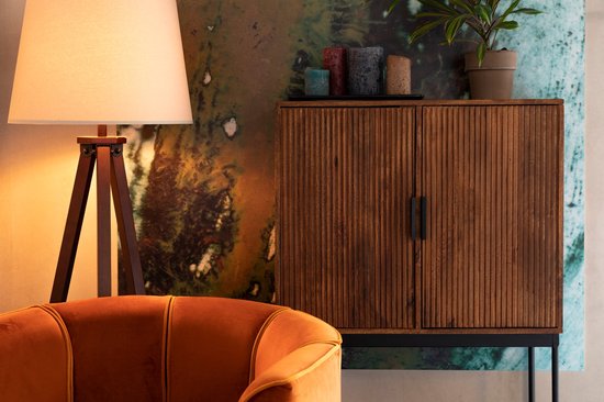 Dutchbone - Saroo - Opbergkast met Grafisch Patroon en 2 Deuren - 80 x 40 x 125,5 cm - Mangohout & Metaal - Bruin/Zwart