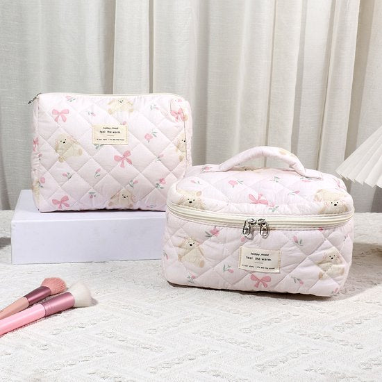 SC Travel Essentials - 3-delige Make-up Tas Set - Eco-vriendelijk Katoen - Gewatteerde Gebloemde Organizers - Ruim, Duurzaam en Ideaal voor Reizen