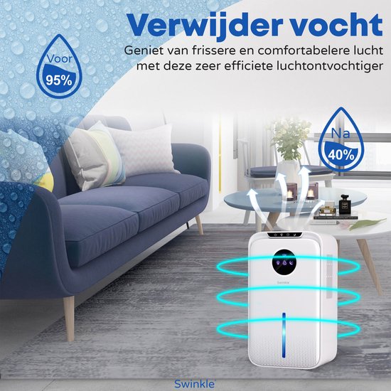 Swinkle Luchtontvochtiger 2.5L – Ontvochtigt tot 1L per dag – Dehumidifier met Ionisator & 7-Kleuren LED – Stil & Energiezuinig – Voor Slaapkamer, Badkamer & Woonkamer – Wit