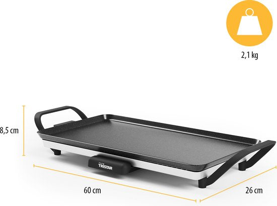 Tristar Grillplaat BP-2667 - Tafelgrill M: 46 x 26 cm - Voor binnen en buiten - BPA Vrij - Gourmet bakplaat voor op tafel - 4 tot 6 personen - Met regelbare thermostaat - Anti-aanbaklaag - Zwart