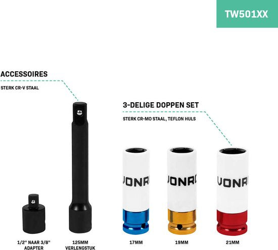 VONROC Bandenwisselset – Autokrik 2000 kg – Momentsleutel ½” – Incl. 3-delige doppenset