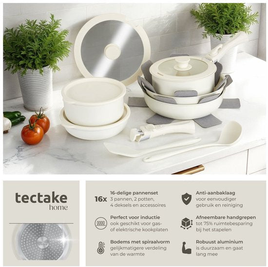 tectake® 16-delige Moderne Pannenset - 3 Koekenpannen - 2 Kookpannen - Geschikt voor Inductie - Inclusief Deksels, Afneembare Handgrepen en Beschermers - Pannen van Aluminium met Keramische Antiaanbaklaag - Ovenbestendig tot 175° - Wit