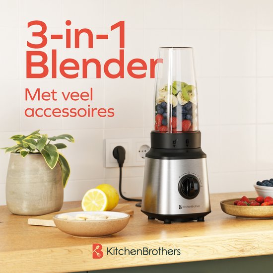 KitchenBrothers Blender - Complete Set - 2x 750ml Bowl - Grinder - Tamper - To-Go Cups - Stainless Steel