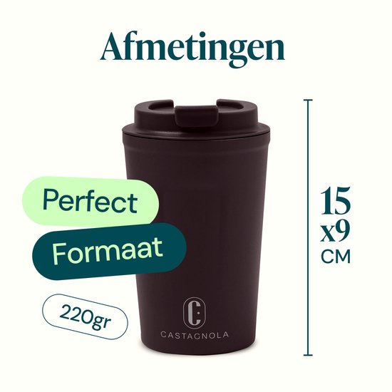 Castagnola Thermosbeker - Koffiebeker To Go - Travel Mug voor Koffie en Thee - Theebeker - 380 ML - RVS - Donkerbruin