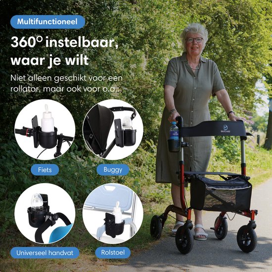 Safe Life® universele Bekerhouder & Telefoonhouder – voor Rollator, Rolstoel, Kinderwagen & Meer