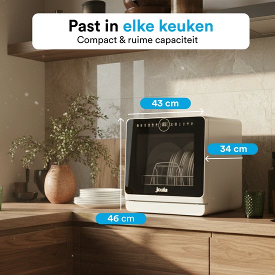 Joula Vrijstaande Mini Vaatwasser met Waterreservoir - 7 Wasprogramma's - 5 Couverts - Kleine Vaatwasser - Smalle Camping Afwasmachine Vrijstaand - 43x43x46 cm - Wit