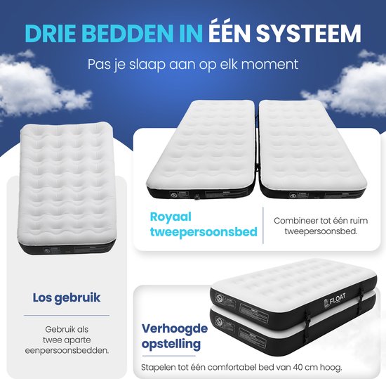 FLOAT Gemina - 3in1 Luchtbed met Elektrische pomp - 190x99x20 cm - Stevig Luchtmatras - Lichtgewicht voor camping - Twee 1 persoons luchtbedden
