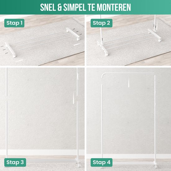 Avalo Kledingrek op Wieltjes Wit - Metaal - 100x40x156 - Opbergruimte Voor Schoenen