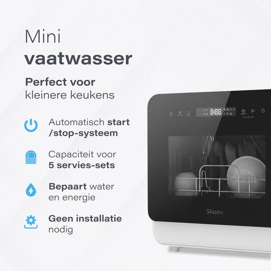 Skoov Mini Vaatwasser met waterreservoir - 3 couverts - 7 wasprogramma's - Kleine smalle vrijstaande afwasmachine - Camping - Wit