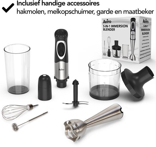 Aviro 6-in-1 Staafmixer Set - 1000W - 20 Snelheden - Hakmolen, Melkopschuimer, Garde & Maatbeker - RVS