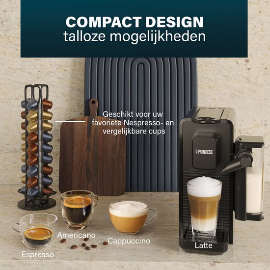 Princess Capsule Koffiemachine met Melkopschuimer - 249455 – Geschikt voor Nespresso – 20 Bar – Espresso, Cappuccino & Latte – Compact – Automatisch Melksysteem - 1400 W