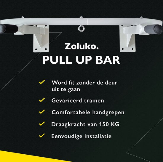 Zoluko Professionele Pull Up Bar Wandmontage - Incl. E-book - 150kg Draagkracht - Eenvoudige Bevestiging - Optrekstang Fitness - Pull Up Station voor Thuis Sporten - Chin Up Bar - Wit