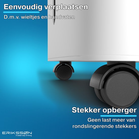 Erikssøn – Luchtontvochtiger Met Hygrometer – 16 l Per Dag & 140 m³ Per Uur – Voorzien Van Was-droog Functie En Kinderslot – Voor Slaapkamer En Kelder – Wit Pp En Abs