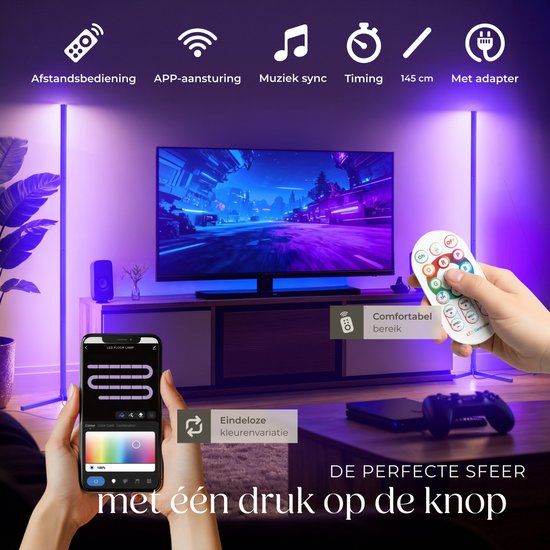 tectake® Slimme LED Vloerlamp Spectra - Hoeklamp met 16 miljoen Kleuren - 200 Lichteffecten - Staande Smart Lamp - 145 cm - Dimbaar - Bediening met App, Afstandsbediening, Knop en Spraak - Woonkamer Vloer Lamp - Sfeerverlichting