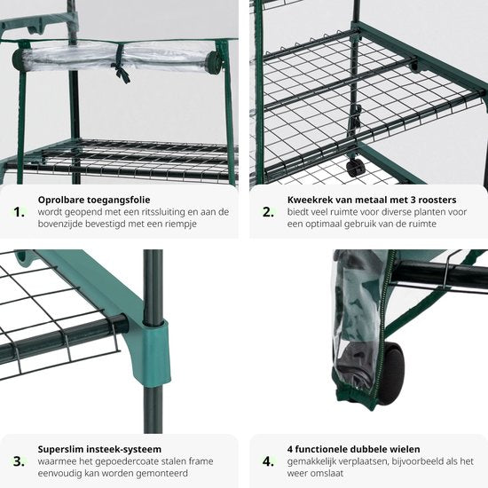 tectake® - Broeikas Hobbykas voor binnen of balkon - Met wieltjes - met 3 planken - 69x49x125 cm - 401862