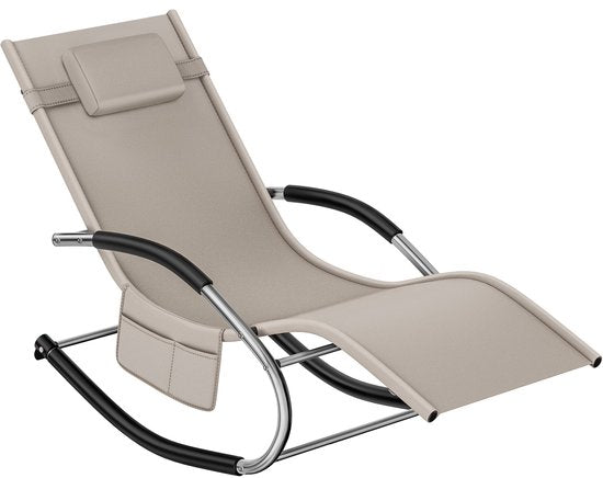 tectake® Ligstoel Taya - Ergonomisch Ligbed voor Tuin, Terras, Balkon - Relaxstoel met Schommelfunctie - Tuinstoel met Comfortabele Armleuningen, Hoofdsteun en Opbergvak - Weerbestendig en Waterafstotend - 120kg Draagkracht - Beige