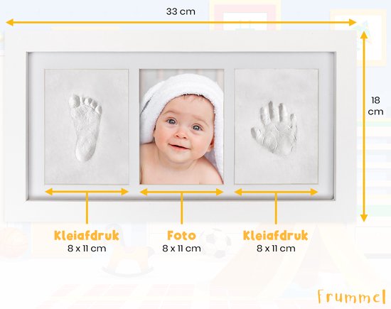 Frummel Fotolijst Baby (33 x 18 cm) - Klei Afdruk (Gipsafdruk baby) - Beter dan gips afdruk - Hand Voet Afdruk - Kraamcadeau Meisje / Kraamcadeau Jongen - Kerstcadeau