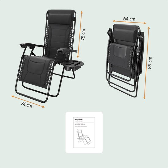 LifeGoods Ligstoel Comfort - Opvouwbaar - 30°-90° Verstelbaar - Beker en Telefoonhouder - Tuinstoel - Zwart