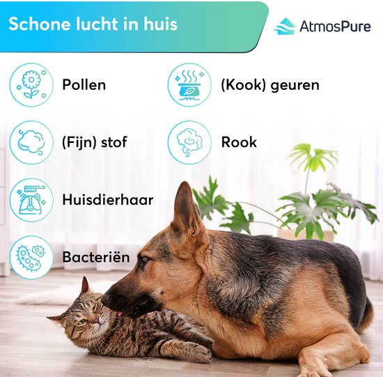 AtmosPure® CleanAir Luchtreiniger - Air Purifier met vervangbaar HEPA 13 + Koolstoffilter - CADR 250 m³/u - Wit - Voor 97 m² - Werkt tegen huisstofmijt, hooikoorts, allergieën, -3 standen + stille slaapstand - Luchtkwaliteit Sensor