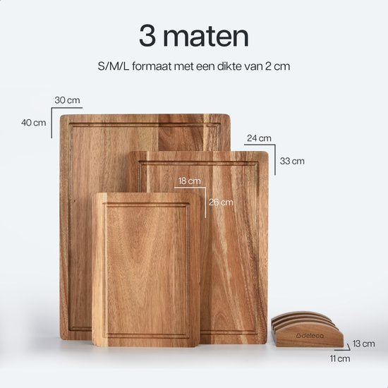 Deleca 3-Delige Snijplankenset met Houder (40x30 / 33x24 / 26x18 cm) - Voor Keuken, Snijplanken, Serveerplank, Kaasplank, Borrelplank en Tapasplank - Snijplank Acacia Hout