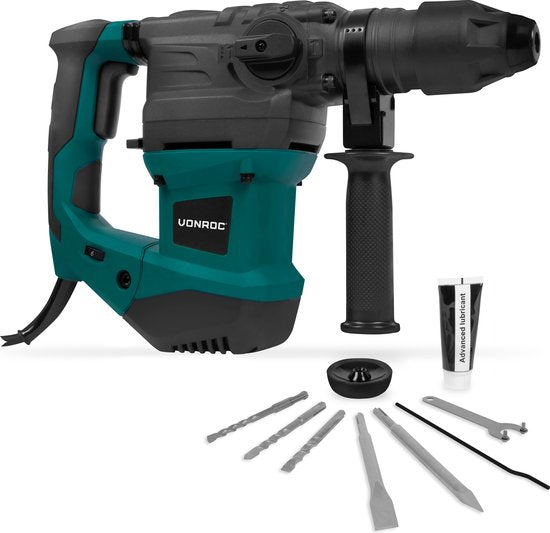 VONROC Boorhamer 1500W – 6 Joule – Instelbare snelheid - SDS plus – 4 Functies – Incl. boren & beitels