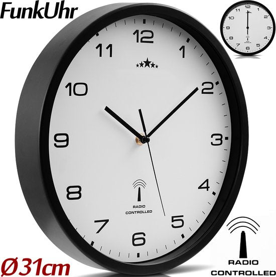 Monzana Wandklok – Radiogestuurd Automatische Analoog Ø31cm - Zwart Wit