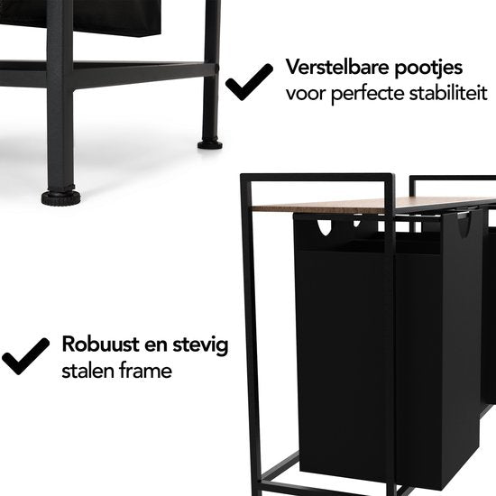 Brixy Wasmand 3 Vakken - Wassorteerder - Uitschuifbaar - Wasbox Metaal - 117L Inhoud - 90 x 33 x 70 cm - Zwart/Bruin