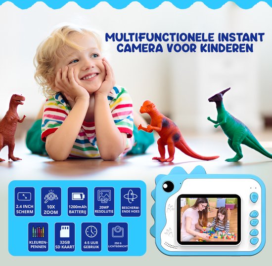 K&L® 3 IN 1 Digitale Kindercamera + Instant print + speelcamera - 32GB micro sd kaart - camera kinderen - Vlogcamera met games - Fototoestel voor Kinderen - Klein Formaat Speelgoed - Met videofunctie - Blauw