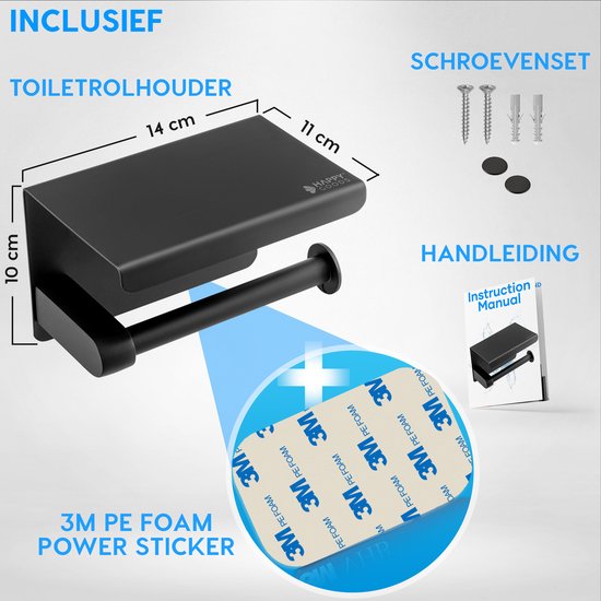Happy Goods WC Rolhouder met Plankje - Zelfklevend / Boren - Toiletrolhouder Zwart zonder Boren - RVS - Incl. Schroeven