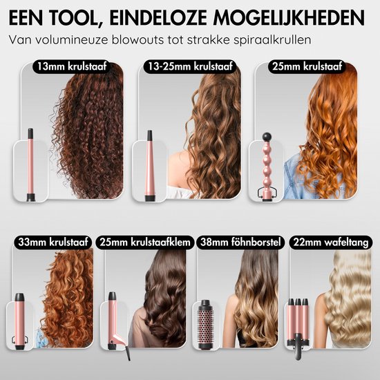 Sansbeauté® 7 in 1 Krultang met Klem en Wafeltang - Keramische Haarkruller - 13mm tot 38mm - Föhnborstel Kort Haar - Warmteborstel - Krultangen - Thermal Brush - Haarstyler - Krulborstel 5 in 1