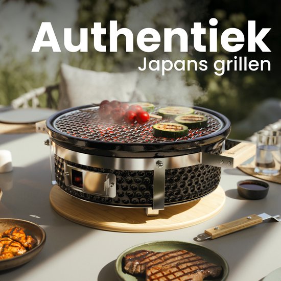 KitchenBrothers Kamado Hibachi Grill - PFAS Vrij - Houtskool Barbecue - Shichirin Tafelgrill - Ronde BBQ - Keramische Barbecue - Zwart