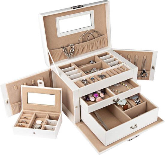 LifeGoods Sieradendoos XL - Juwelendoos - 20 Vakken - Wit/Beige