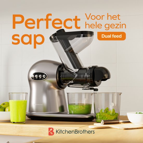 KitchenBrothers Slowjuicer XL - Juicer - Groenten en Fruitpers - 43 mm en 70 mm invoer - 500 ml - Grijs