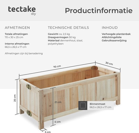 tectake® Verhoogde Plantenbak Blomster - Bloembakken voor buiten Rechthoekig - Inclusief folie - Opvouwbare Houten Bloembak - Stabiel en Weerbestendig - 70 x 30 x 25 cm - Tuinbed voor Kruiden, Groenten en Bleomen - Antraciet