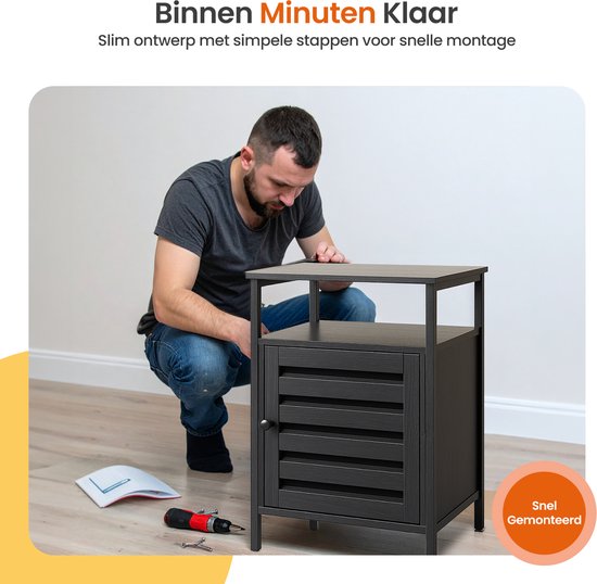 Goliving Nachtkastje - 40 x 40 x 60 cm - Opbergkastje met Deur en Planken - Hout - Industrieel - Bijzettafel Modern - Zwart