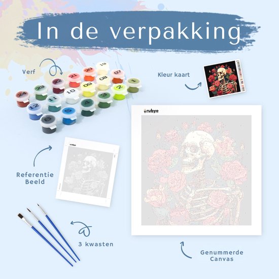 Rubye® Schilderen op Nummer Volwassenen - Schilderen op Nummer Kinderen - Skelet & Rozen – Inclusief Verf en Penselen – Canvas Schildersdoek - Kleuren op Nummer - 30x30cm