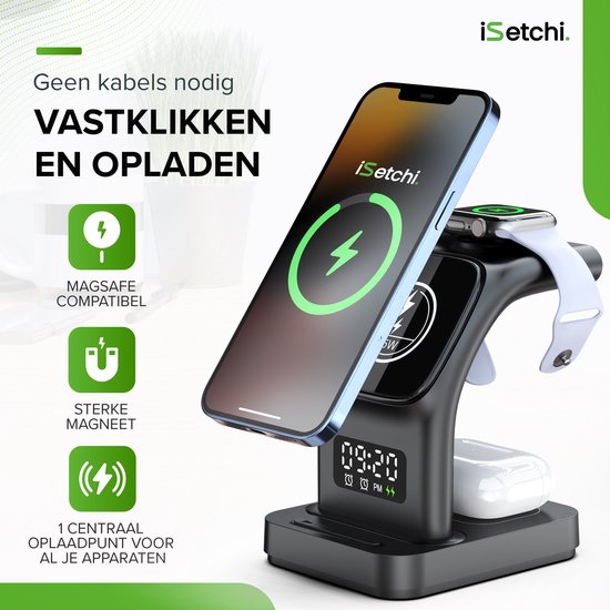 iSetchi MagSafe 5-in-1 Draadloze Oplader (15W USB-C snellader) - Met LED lamp, Digitale klok & Alarm functies - Geschikt voor iPhone, Apple iWatch & Airpods - Draadloos Qi Station - GSM Lader