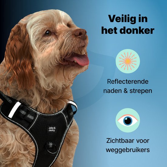 Jake en Jacky Hondentuigje - Anti-Trek Tuig - Hondenharnas - Y Tuig Hond - Reflecterend - Zwart - Maat M