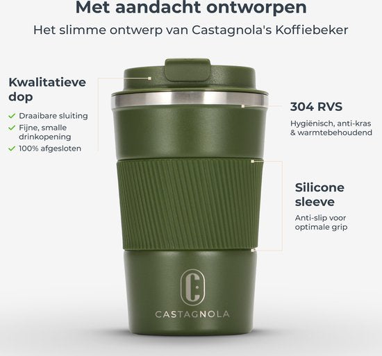 Castagnola Thermosbeker - Koffiebeker To Go - Reismok voor Koffie en Thee - Theebeker - 380 ML - RVS - Groen